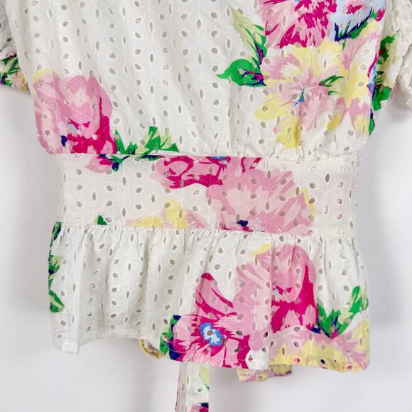 Slate & Willow Women's Floral Tie Peplum Top Small White Multicolored - Picture 11 of 16